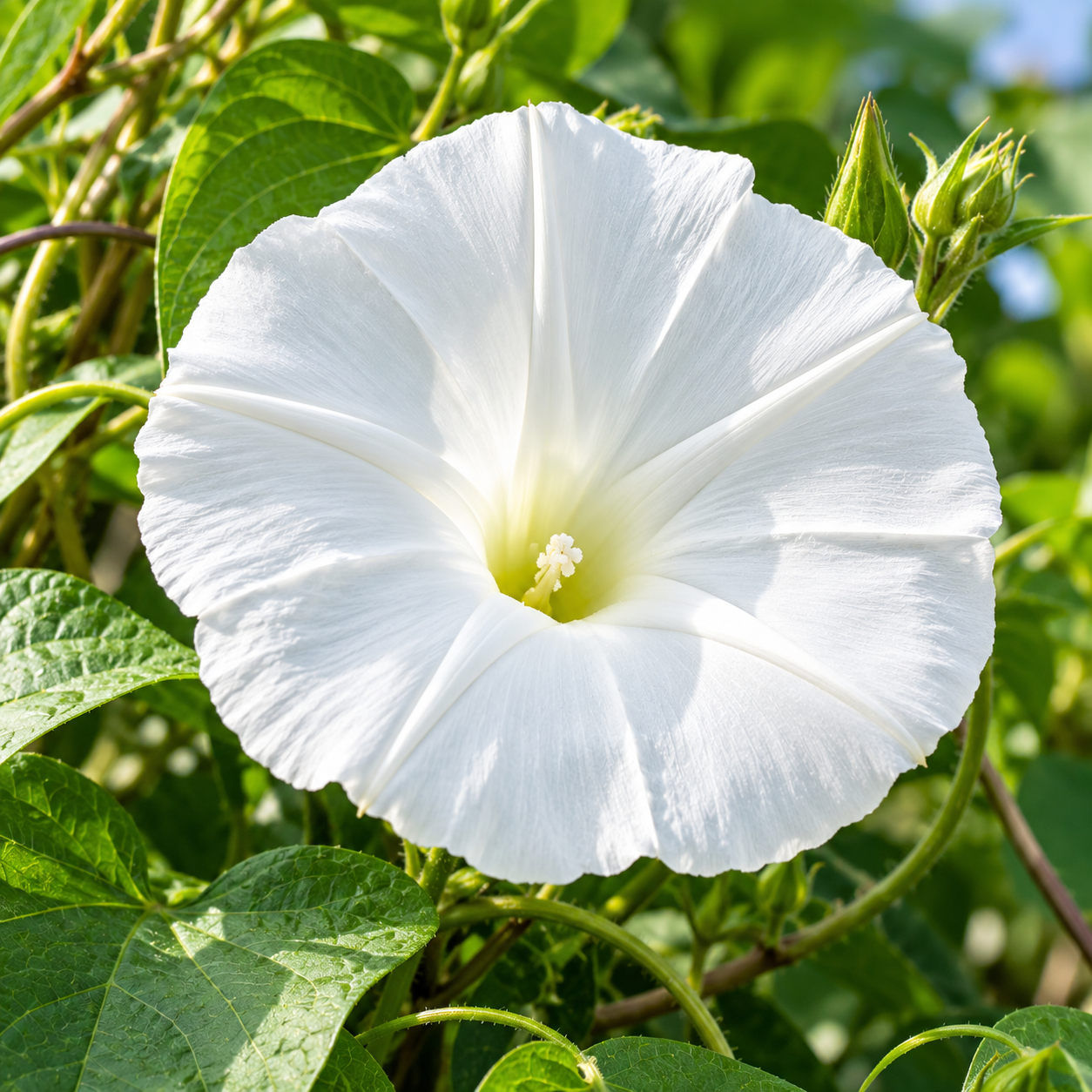 Morning Glory Pearly Gates vine with large pure-white trumpet-shaped flowers – summer climbing flower seeds for trellises balconies pots and grow bags in Pakistan