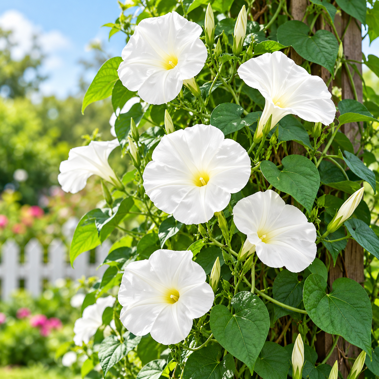 Morning Glory Pearly Gates vine with large pure-white trumpet-shaped flowers – summer climbing flower seeds for trellises balconies pots and grow bags in Pakistan