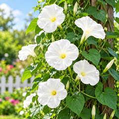 Morning Glory Pearly Gates vine with large pure-white trumpet-shaped flowers – summer climbing flower seeds for trellises balconies pots and grow bags in Pakistan