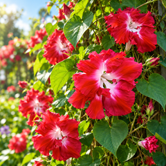 Morning Glory Ruffled Red vine with rich red trumpet-shaped flowers and decorative ruffled edges – summer climbing flower seeds for trellises balconies pots and grow bags in Pakistan