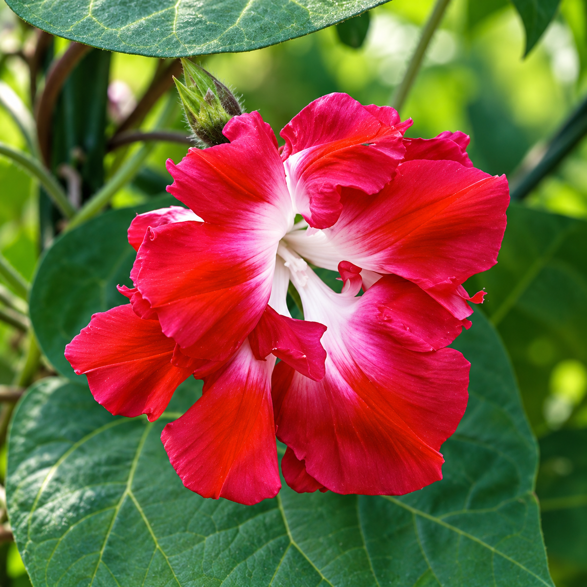 Morning Glory Ruffled Red vine with rich red trumpet-shaped flowers and decorative ruffled edges – summer climbing flower seeds for trellises balconies pots and grow bags in Pakistan