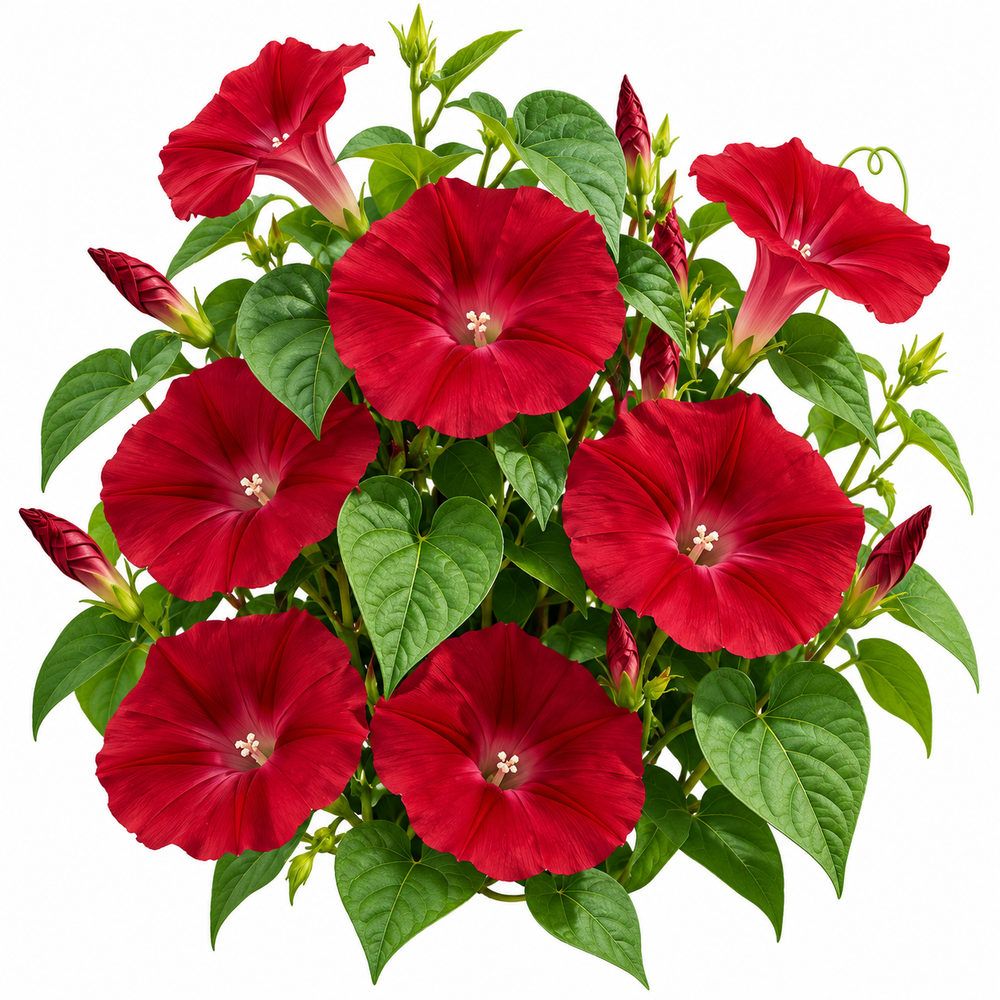 Morning Glory Scarlett O'Hara Ipomoea nil vine with rich crimson-red trumpet-shaped flowers and pale throat – summer climbing flower seeds for trellises balconies pots and grow bags in Pakistan