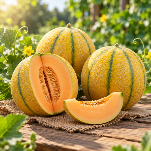 Musk Melon Ashrafi F1 Hybrid with rounded smooth-skinned ripe melons and sweet juicy flesh growing on healthy spreading summer vines – Kharboza fruit seeds Pakistan