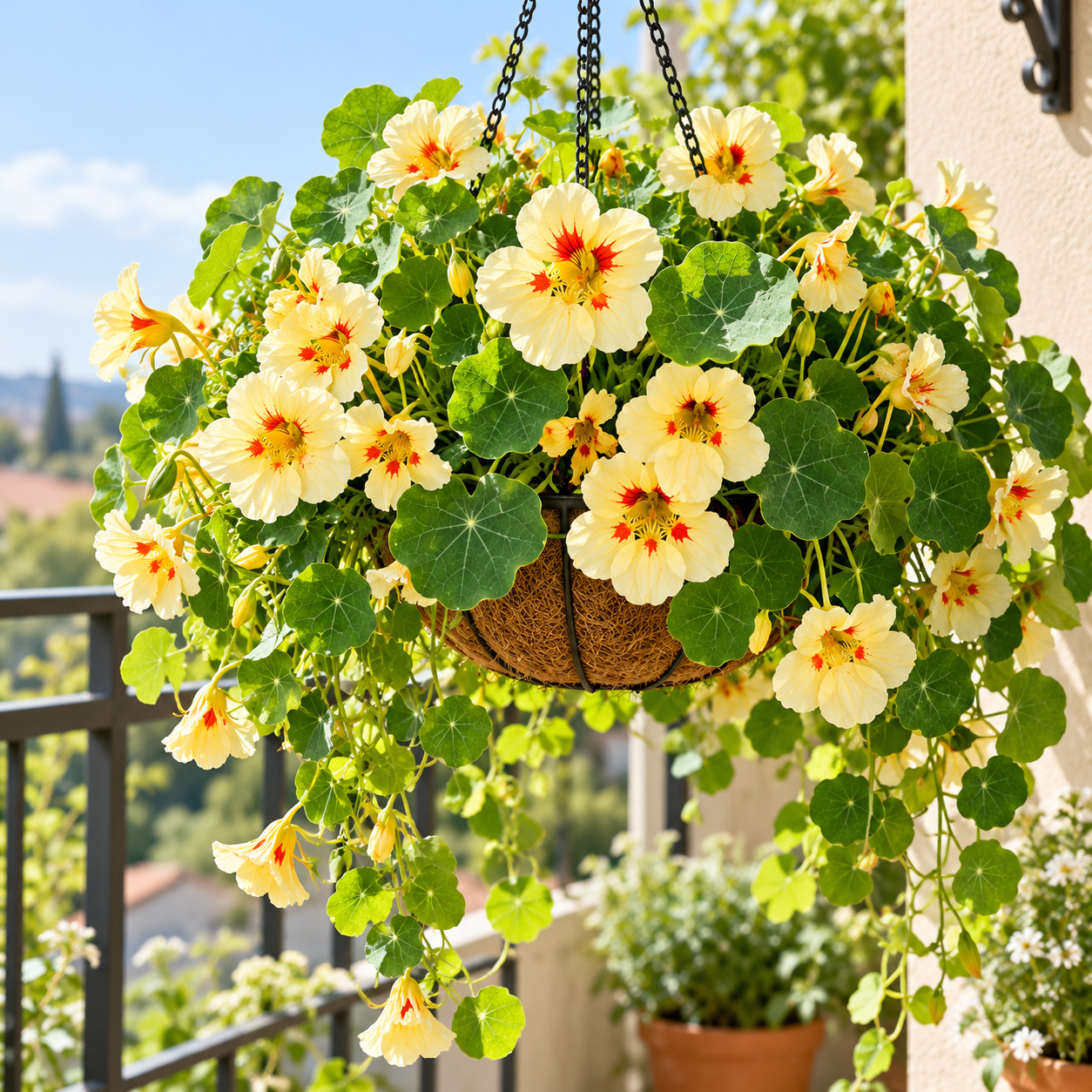 Nasturtium Peach Melba with creamy-yellow flowers featuring distinctive peach-red and dark-orange centre markings and rounded green foliage – dwarf winter flower seeds Pakistan