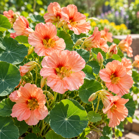 Nasturtium Salmon Baby with delicate salmon-pink and peach ruffled flowers and rounded dark-green leaves – dwarf winter flowering plant seeds for pots and grow bags in Pakistan