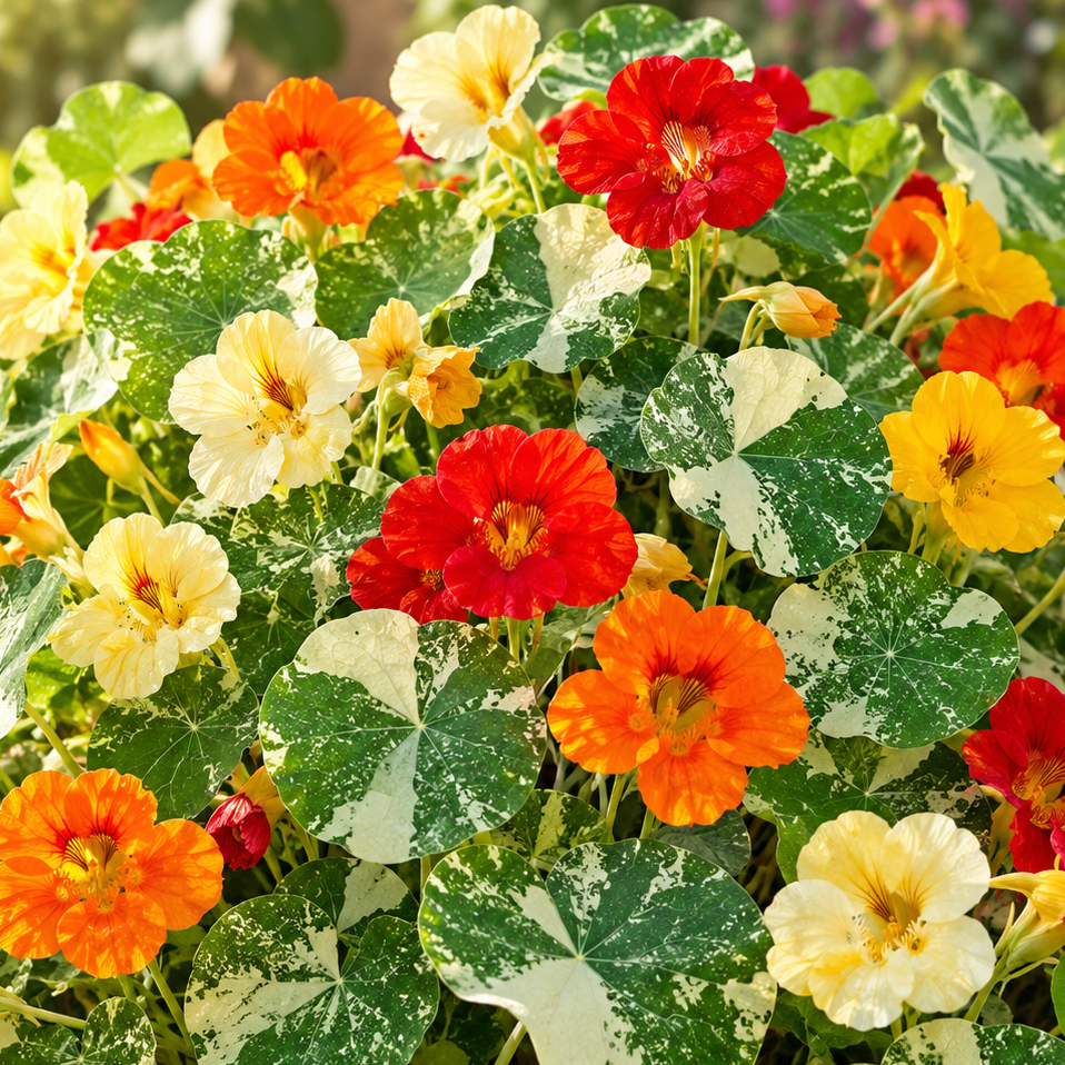 Nasturtium Tom Thumb Alaska Mix with cream-and-green variegated foliage and colourful red orange yellow and salmon winter flowers – dwarf flowering plant seeds Pakistan