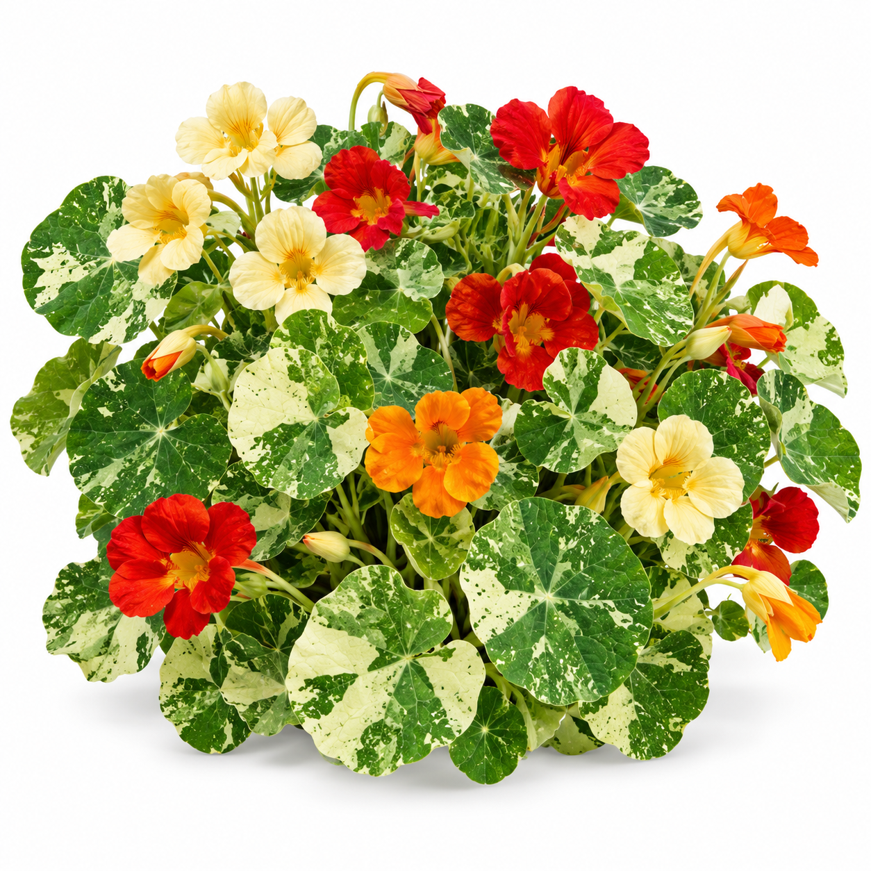 Nasturtium Tom Thumb Alaska Mix with cream-and-green variegated foliage and colourful red orange yellow and salmon winter flowers – dwarf flowering plant seeds Pakistan