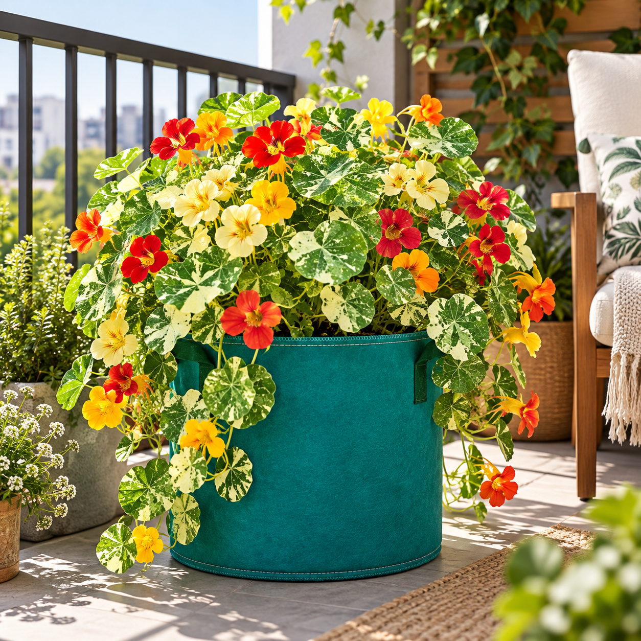 Nasturtium Tom Thumb Alaska Mix with cream-and-green variegated foliage and colourful red orange yellow and salmon winter flowers – dwarf flowering plant seeds Pakistan