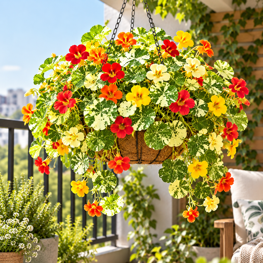 Nasturtium Tom Thumb Alaska Mix with cream-and-green variegated foliage and colourful red orange yellow and salmon winter flowers – dwarf flowering plant seeds Pakistan