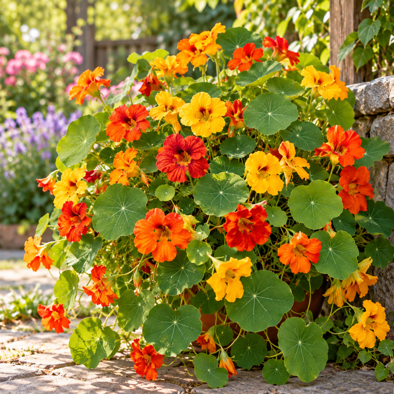 Nasturtium Tropaeolum majus with bright orange yellow and red flowers and rounded green leaves – edible winter flower seeds for gardens pots and grow bags in Pakistan