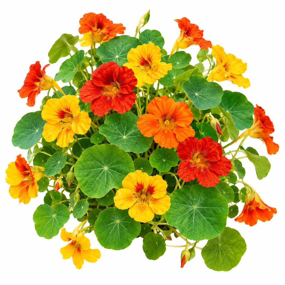 Nasturtium Tropaeolum majus with bright orange yellow and red flowers and rounded green leaves – edible winter flower seeds for gardens pots and grow bags in Pakistan