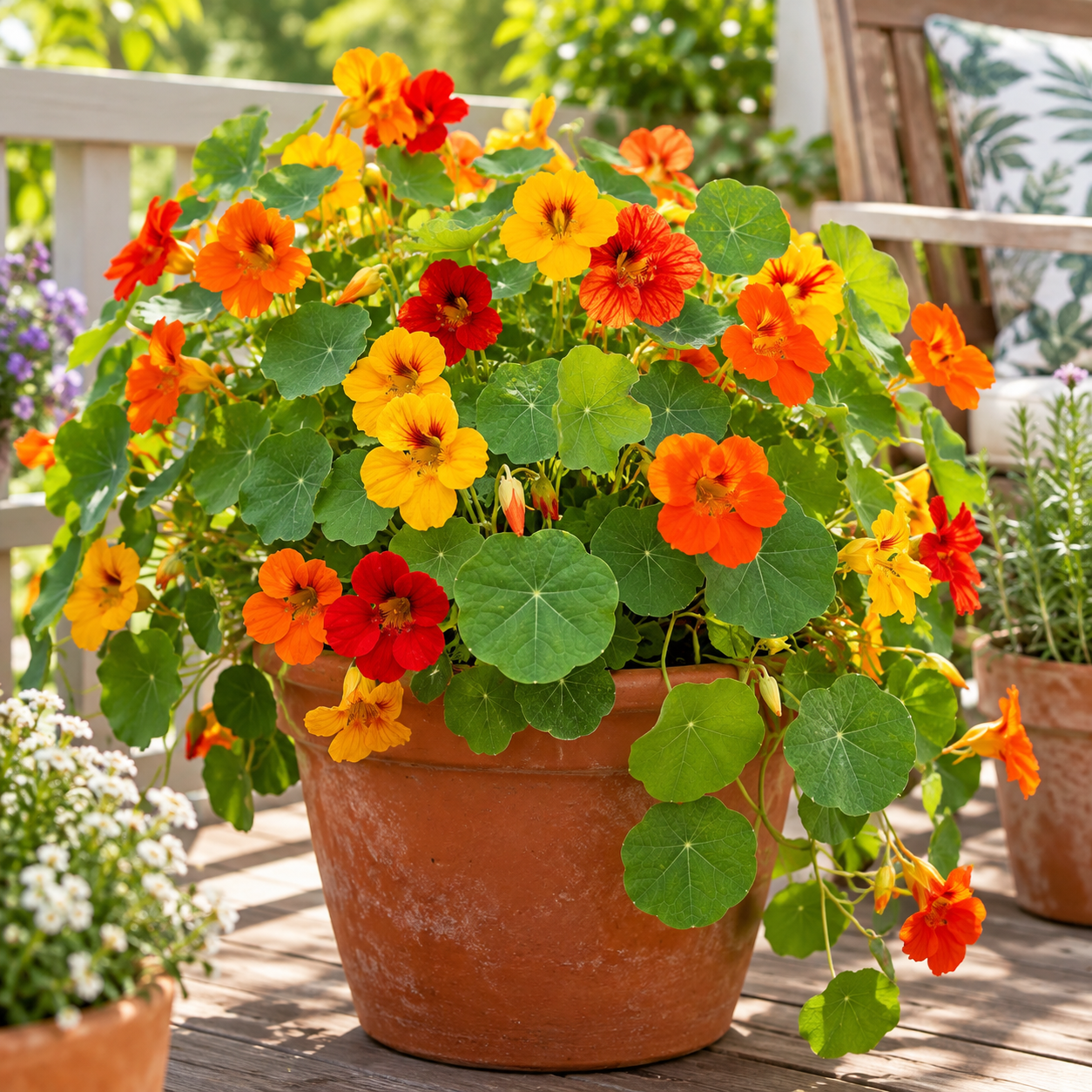 Nasturtium Tropaeolum majus with bright orange yellow and red flowers and rounded green leaves – edible winter flower seeds for gardens pots and grow bags in Pakistan