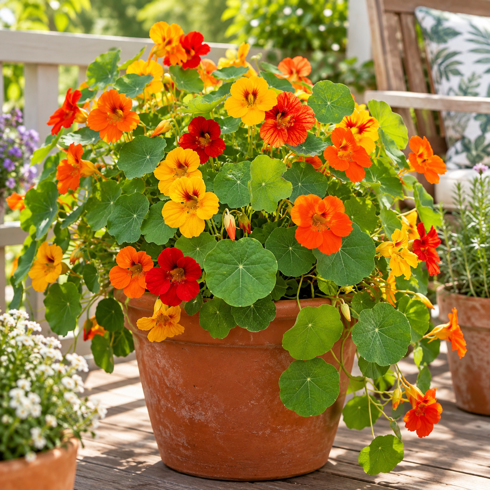 Nasturtium Tropaeolum majus with bright orange yellow and red flowers and rounded green leaves – edible winter flower seeds for gardens pots and grow bags in Pakistan