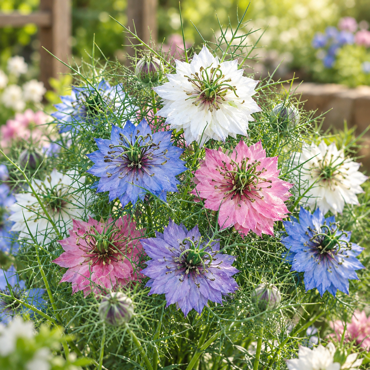 Nigella Love-in-a-Mist Persian Jewels Mix with delicate blue pink purple and white flowers surrounded by feathery green foliage and decorative seed pods – winter flower seeds Pakistan