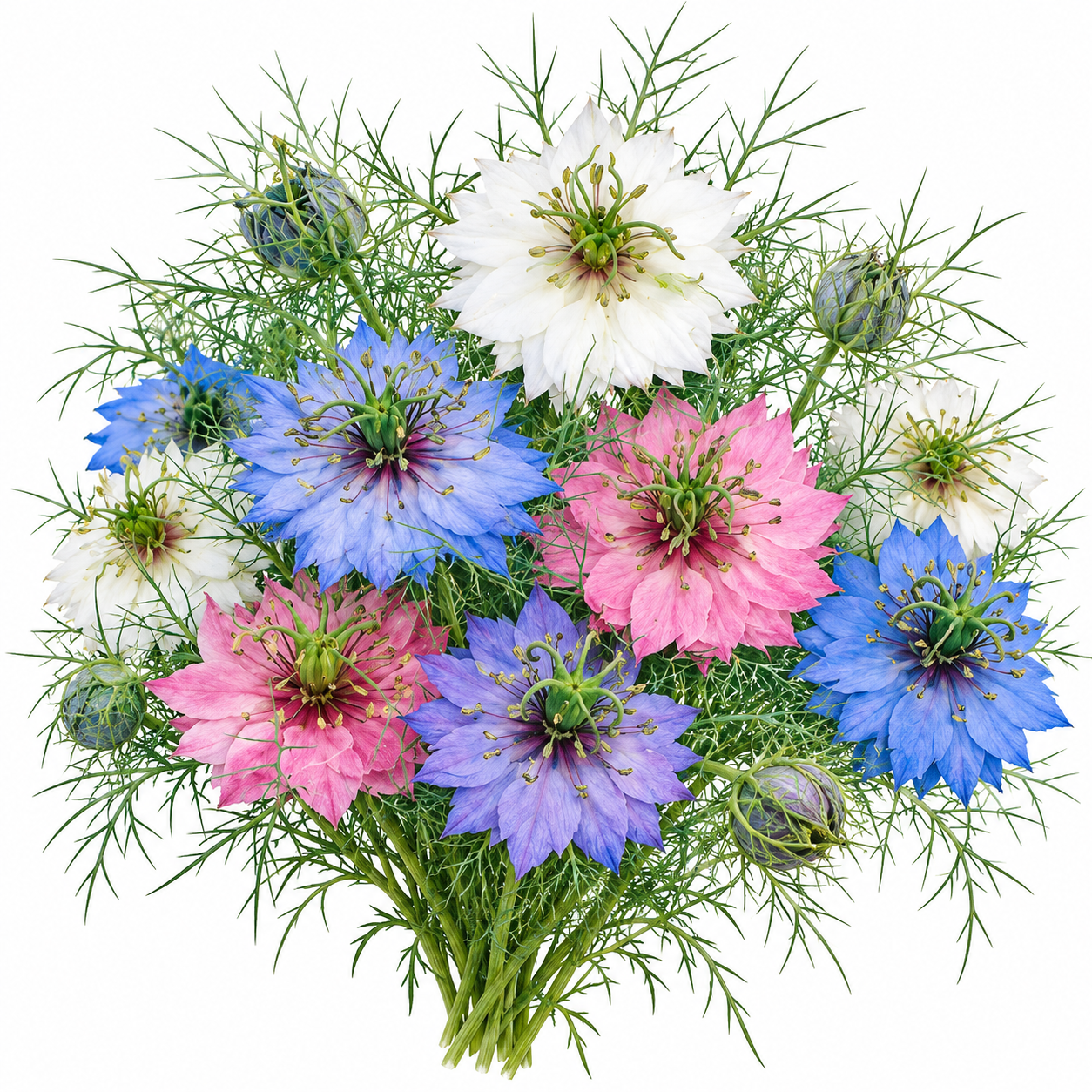 Nigella Love-in-a-Mist Persian Jewels Mix with delicate blue pink purple and white flowers surrounded by feathery green foliage and decorative seed pods – winter flower seeds Pakistan