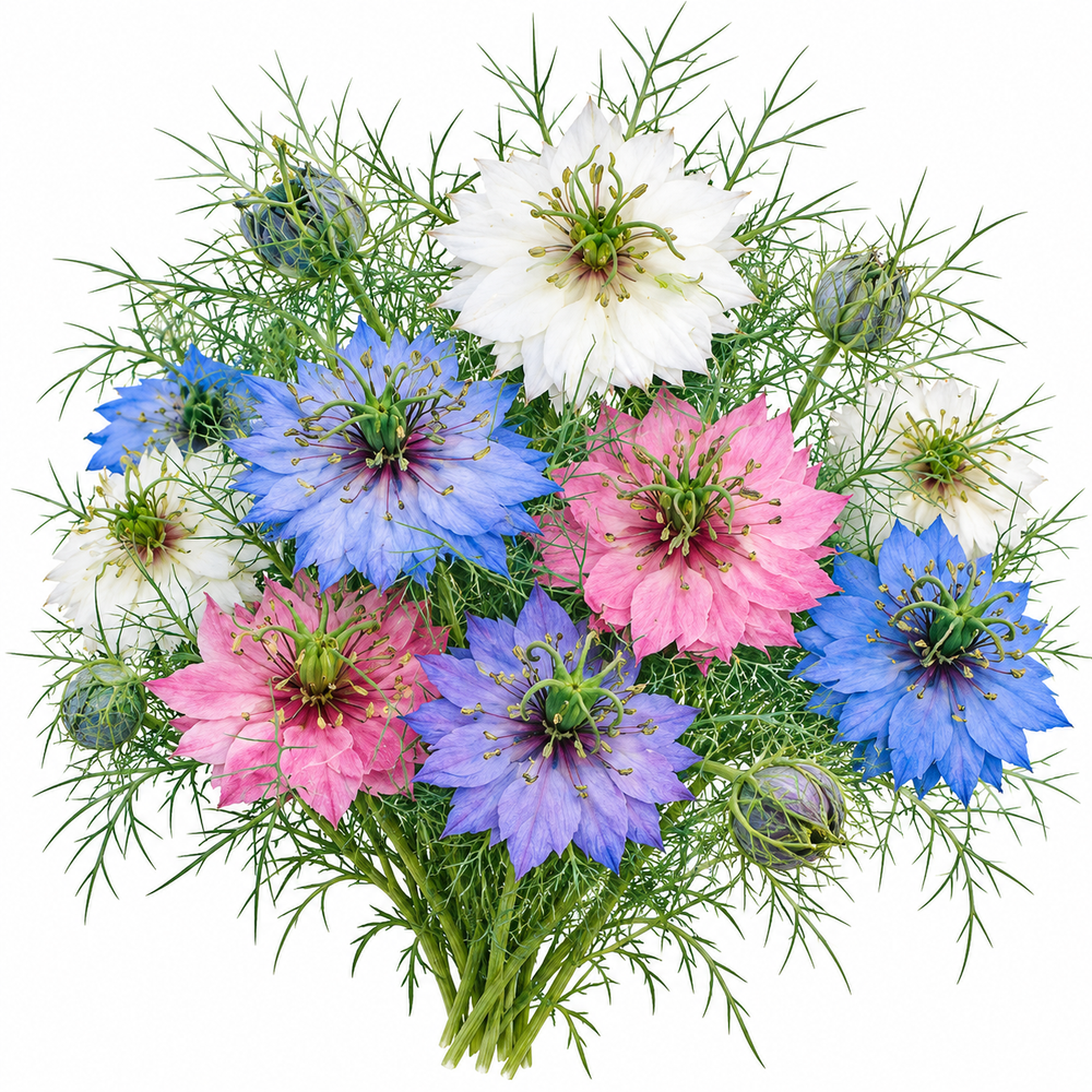 Nigella Love-in-a-Mist Persian Jewels Mix with delicate blue pink purple and white flowers surrounded by feathery green foliage and decorative seed pods – winter flower seeds Pakistan