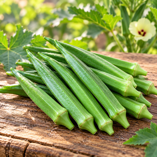 Desi Okra Ladyfinger Bhindi plant with tender dark-green elongated pods and pale-yellow flowers growing on healthy upright summer plants – vegetable seeds for kitchen gardens and grow bags Pakistan
