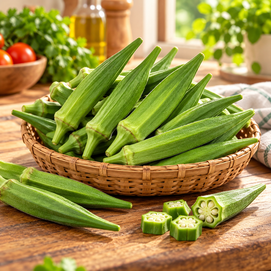 Okra F1 Hybrid Bhindi plant with tender elongated green ridged pods and healthy foliage – summer vegetable seeds for kitchen gardens raised beds and grow bags Pakistan
