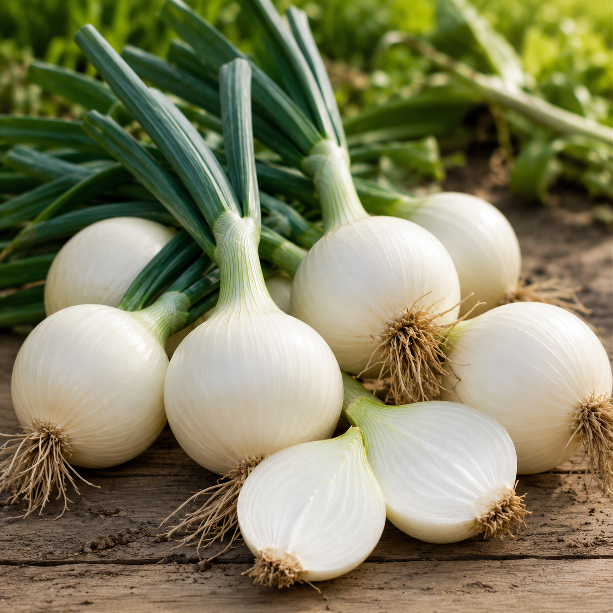 Large round Super White F1 Hybrid onions with bright white bulbs and healthy green tops – premium white onion seeds for winter gardening in Pakistan