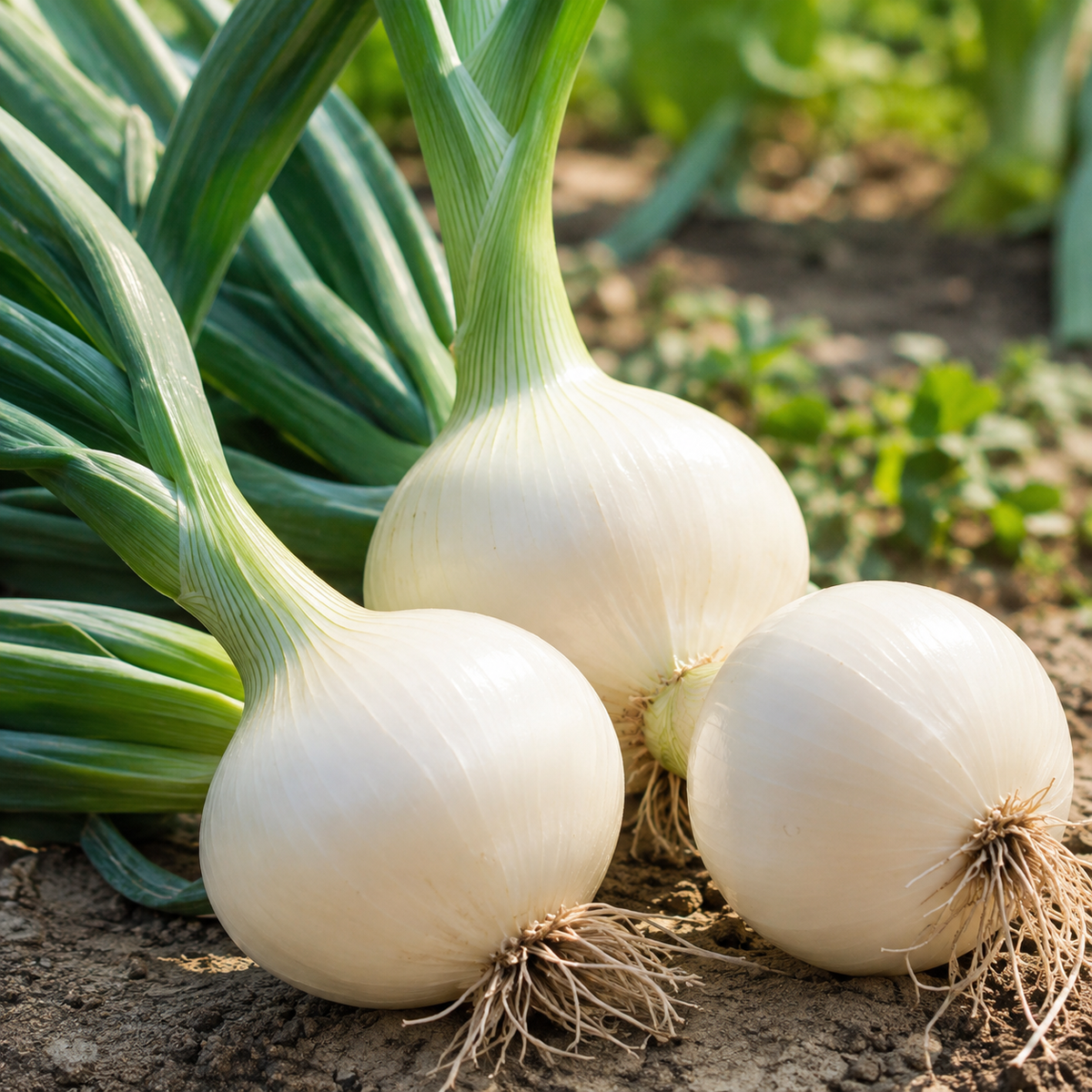 Large round Super White F1 Hybrid onions with bright white bulbs and healthy green tops – premium white onion seeds for winter gardening in Pakistan