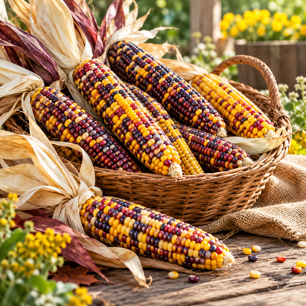 Little Jewels Ornamental Corn with small multicolour mature cobs displaying glossy red yellow orange purple brown and dark kernels among dried corn husks – decorative maize seeds Pakistan