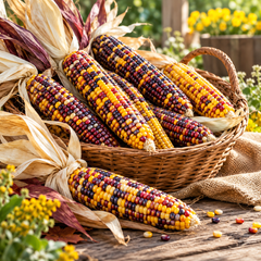 Little Jewels Ornamental Corn with small multicolour mature cobs displaying glossy red yellow orange purple brown and dark kernels among dried corn husks – decorative maize seeds Pakistan