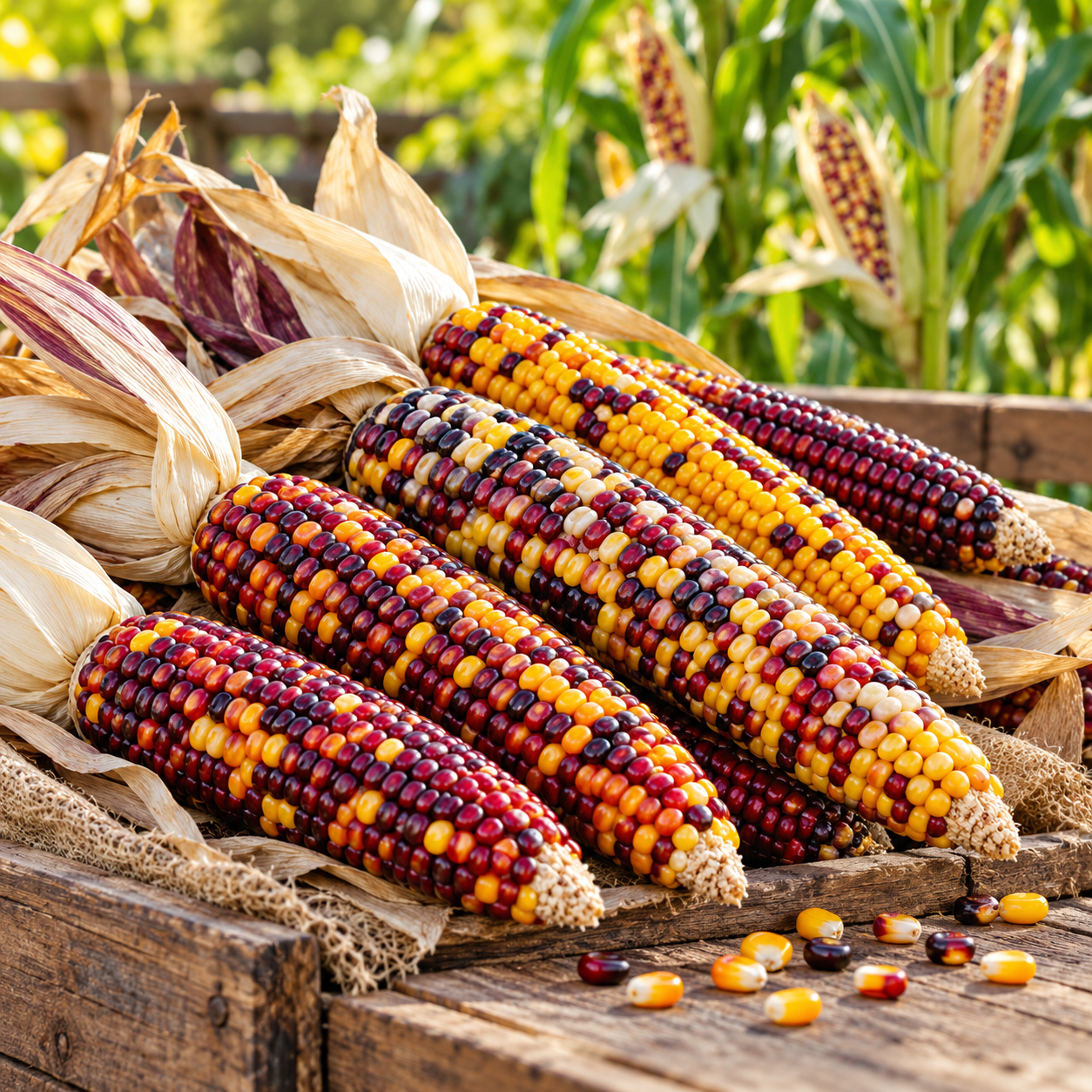 Little Jewels Ornamental Corn with small multicolour mature cobs displaying glossy red yellow orange purple brown and dark kernels among dried corn husks – decorative maize seeds Pakistan