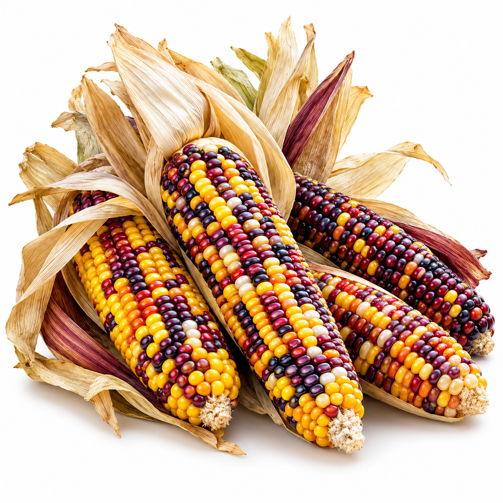 Little Jewels Ornamental Corn with small multicolour mature cobs displaying glossy red yellow orange purple brown and dark kernels among dried corn husks – decorative maize seeds Pakistan