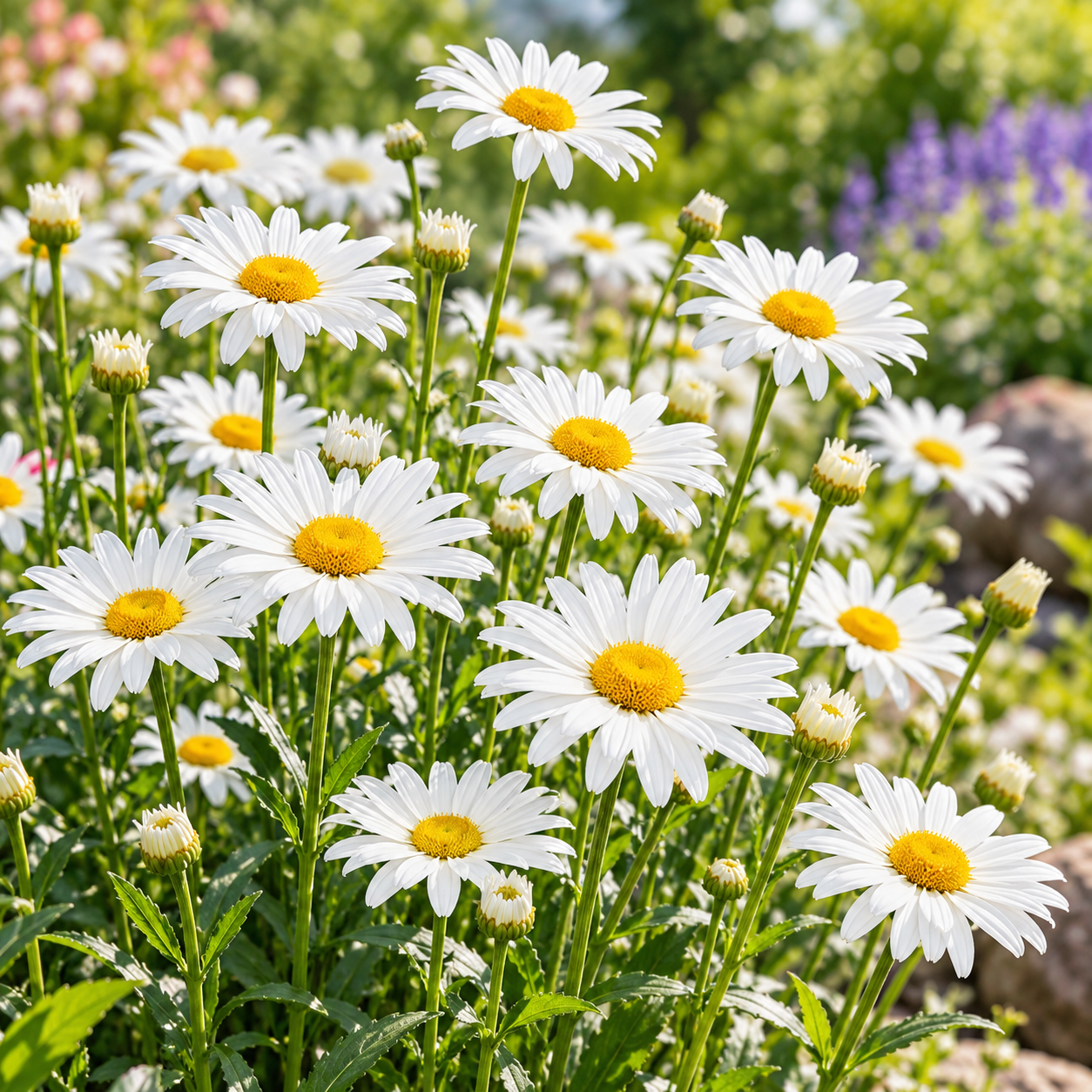 Ox Eye Daisy Leucanthemum vulgare with classic white petals and golden yellow centres – winter perennial flower seeds for beds borders pots and grow bags in Pakistan