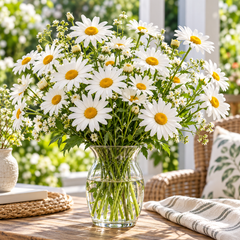 Ox Eye Daisy Leucanthemum vulgare with classic white petals and golden yellow centres – winter perennial flower seeds for beds borders pots and grow bags in Pakistan