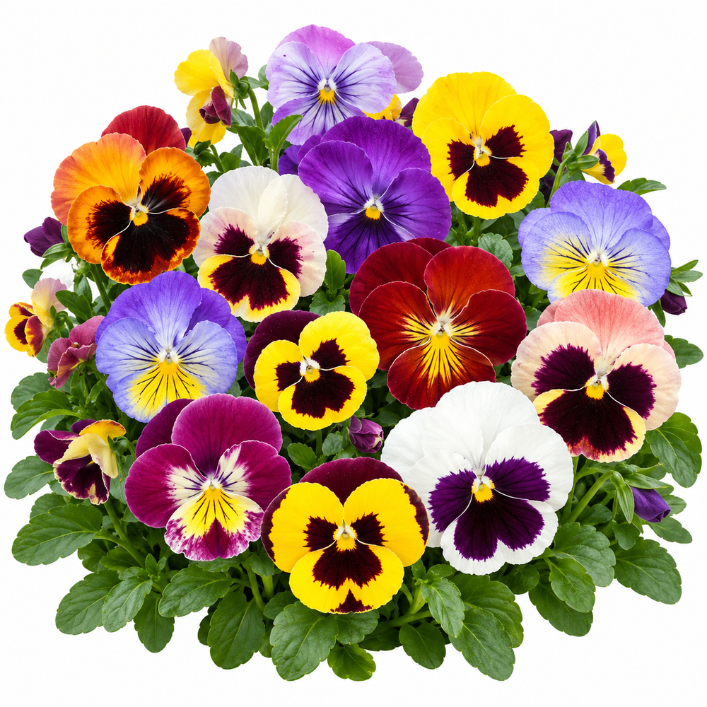 Pansy Swiss Giant Mix with large colourful blue purple yellow orange red pink and white flowers featuring distinctive dark face markings – winter flowering seeds Pakistan