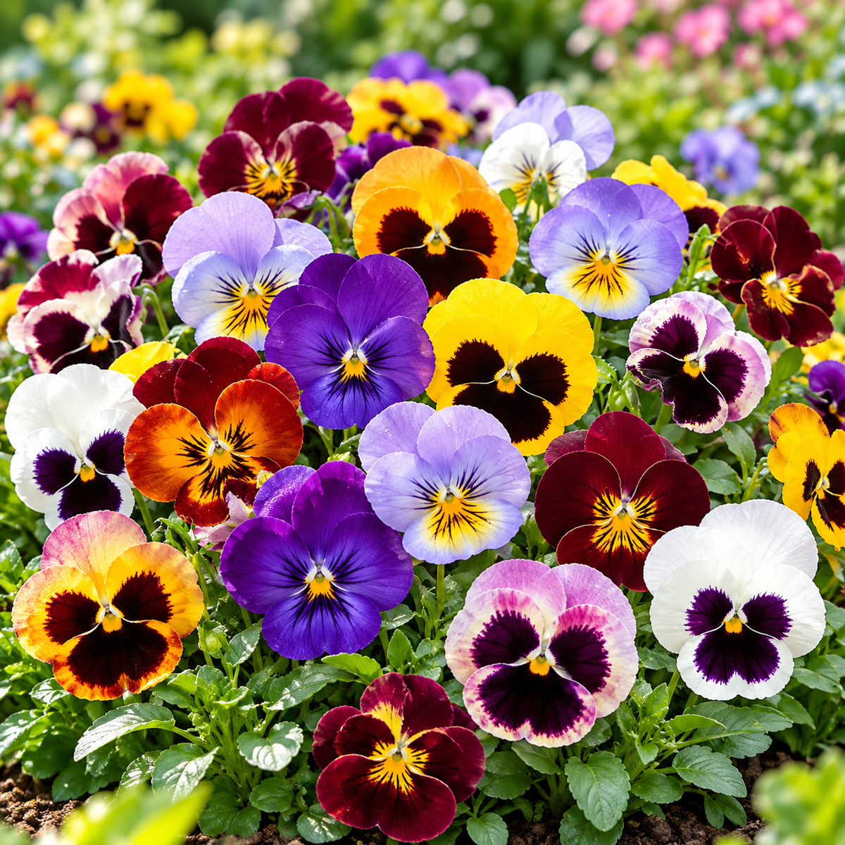 Pansy Swiss Giant Mix with large colourful blue purple yellow orange red pink and white flowers featuring distinctive dark face markings – winter flowering seeds Pakistan