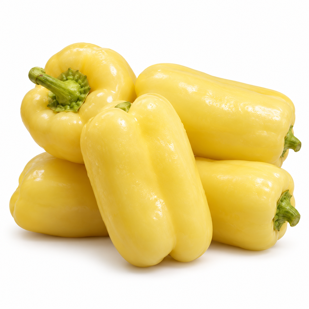 Franchi Sementi Peperone Soroksari Hungarian sweet pepper with blocky pale creamy-yellow 3–4 lobed fleshy fruits growing on a healthy branching pepper plant – seeds Pakistan