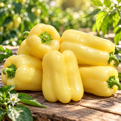 Franchi Sementi Peperone Soroksari Hungarian sweet pepper with blocky pale creamy-yellow 3–4 lobed fleshy fruits growing on a healthy branching pepper plant – seeds Pakistan