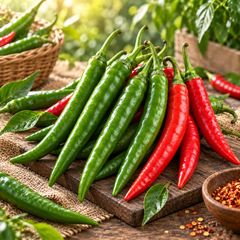 Long slender glossy OSAKA-03 F1 Hybrid hot peppers ripening from deep green to bright red – hot pepper seeds for gardening in Pakistan