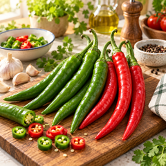 Long slender glossy OSAKA-03 F1 Hybrid hot peppers ripening from deep green to bright red – hot pepper seeds for gardening in Pakistan