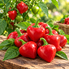 Healthy Pimento Pepper plant with thick rounded bright red sweet peppers – heirloom Capsicum annuum seeds for home gardening in Pakistan