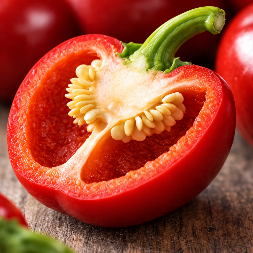 Healthy Pimento Pepper plant with thick rounded bright red sweet peppers – heirloom Capsicum annuum seeds for home gardening in Pakistan