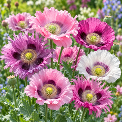 Poppy Fringed and Ruffled Pastel Mix with delicate pink peach salmon rose and white flowers featuring fringed wavy and ruffled petals – winter flower seeds Pakistan