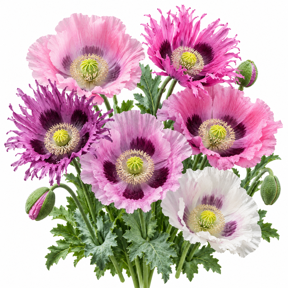 Poppy Fringed and Ruffled Pastel Mix with delicate pink peach salmon rose and white flowers featuring fringed wavy and ruffled petals – winter flower seeds Pakistan