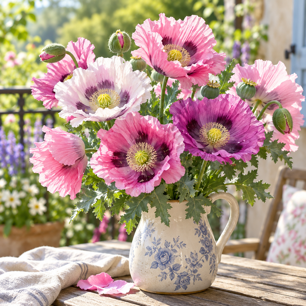 Poppy Fringed and Ruffled Pastel Mix with delicate pink peach salmon rose and white flowers featuring fringed wavy and ruffled petals – winter flower seeds Pakistan