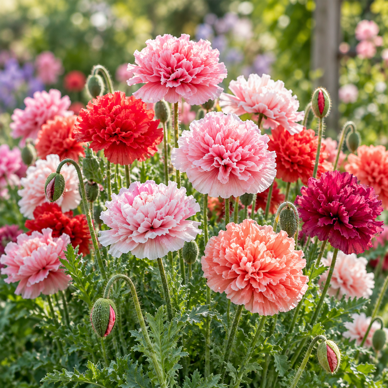 Poppy Shirley Double Papaver rhoeas with ruffled pink red salmon and white flowers – winter seeds for beds borders pots and grow bags in Pakistan
