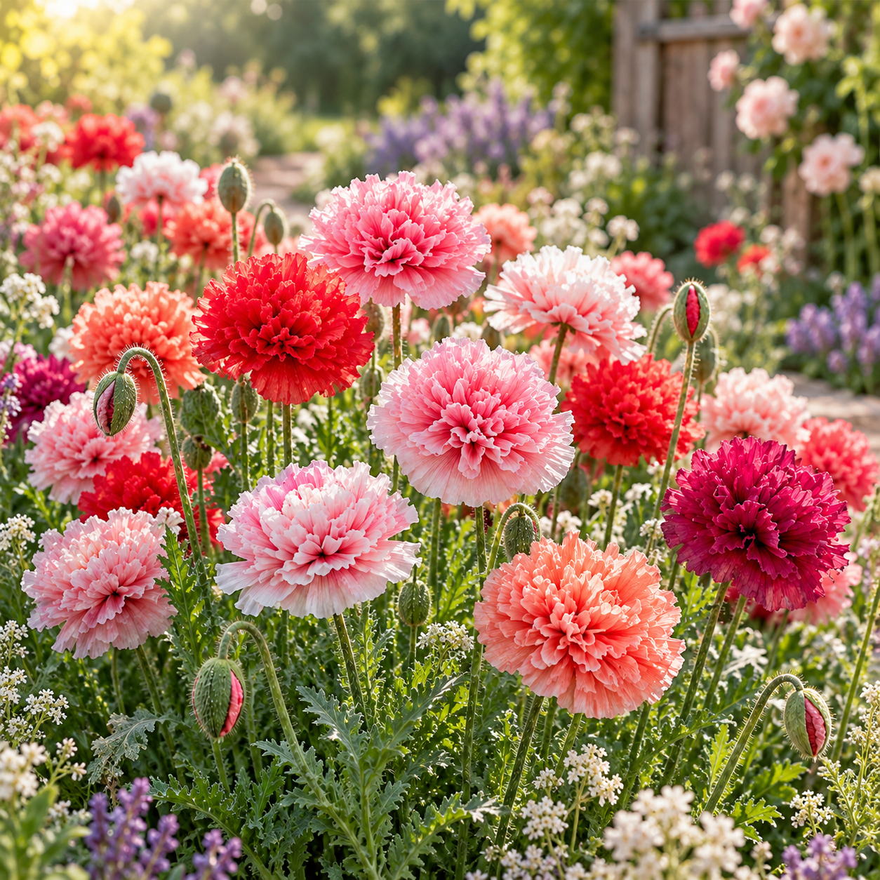 Poppy Shirley Double Papaver rhoeas with ruffled pink red salmon and white flowers – winter seeds for beds borders pots and grow bags in Pakistan