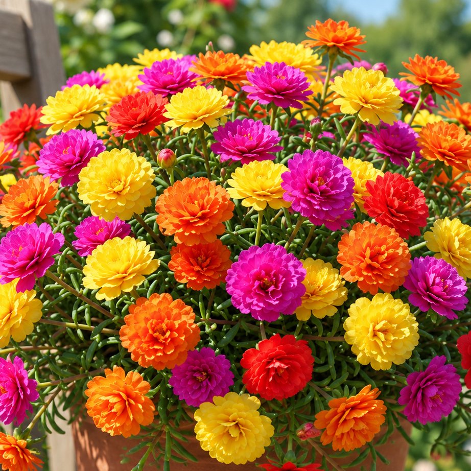 Portulaca Extra Double Mix Moss Rose with colourful extra-double rose-like summer flowers – heat-tolerant flower seeds for beds pots hanging baskets and grow bags in Pakistan