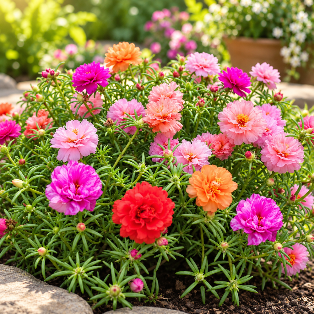 Portulaca Long Time Moss Rose with colourful summer flowers and succulent foliage – heat-tolerant flower seeds for beds pots hanging baskets and grow bags in Pakistan