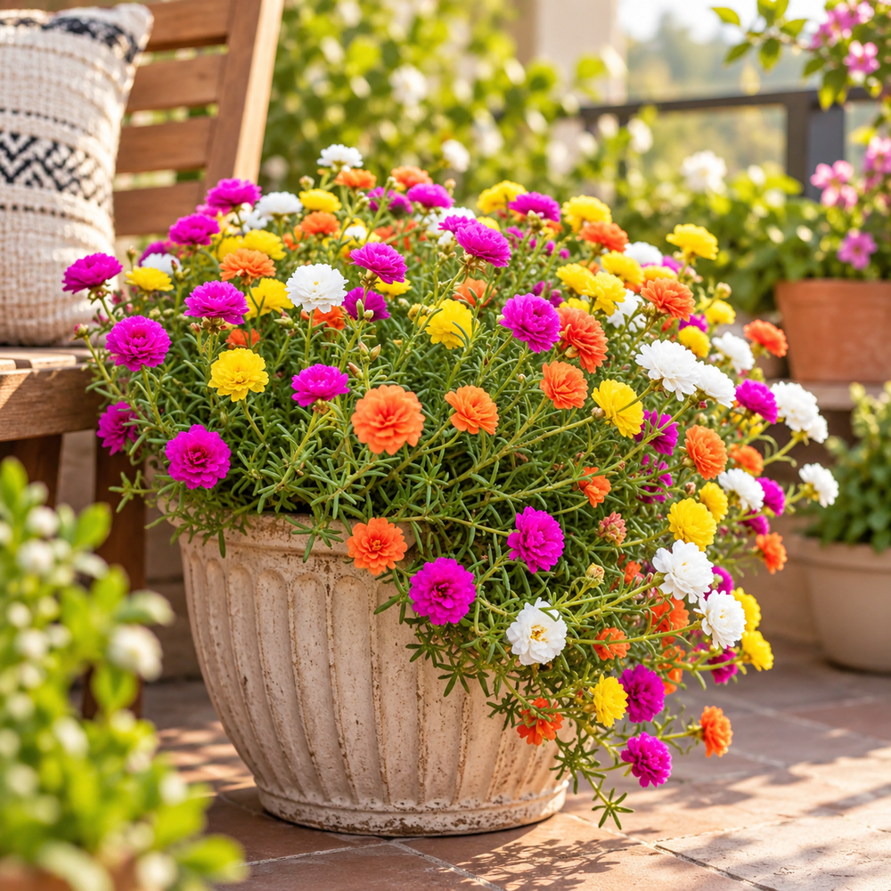 Portulaca Double Mix Moss Rose with colourful double and semi-double summer flowers – heat-tolerant flower seeds for beds pots hanging baskets and grow bags in Pakistan