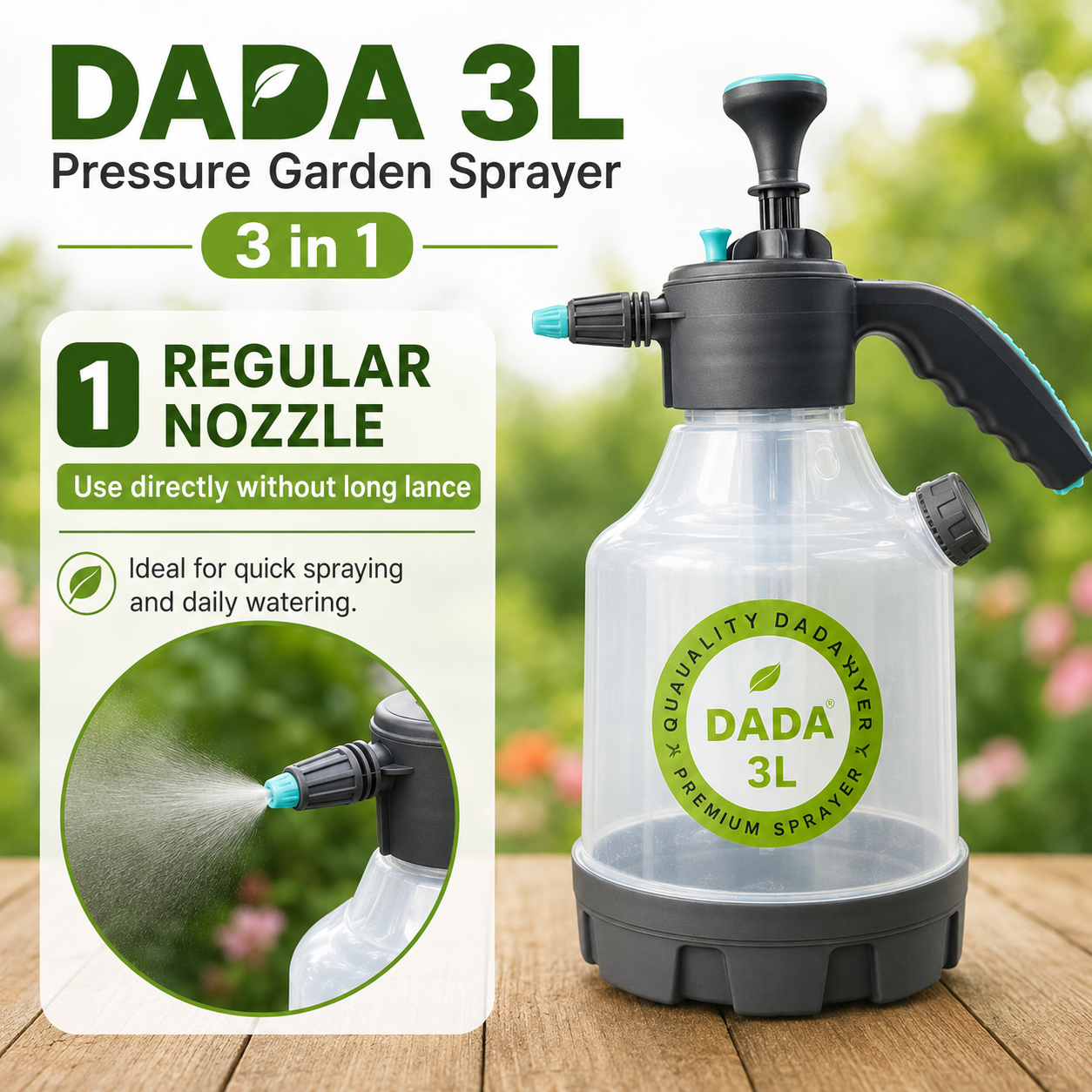 DADA 3L Pressure Garden Sprayer (3 in 1 ) with Regular and Long Lance Nozzle and Fixed Measurement Bottle.