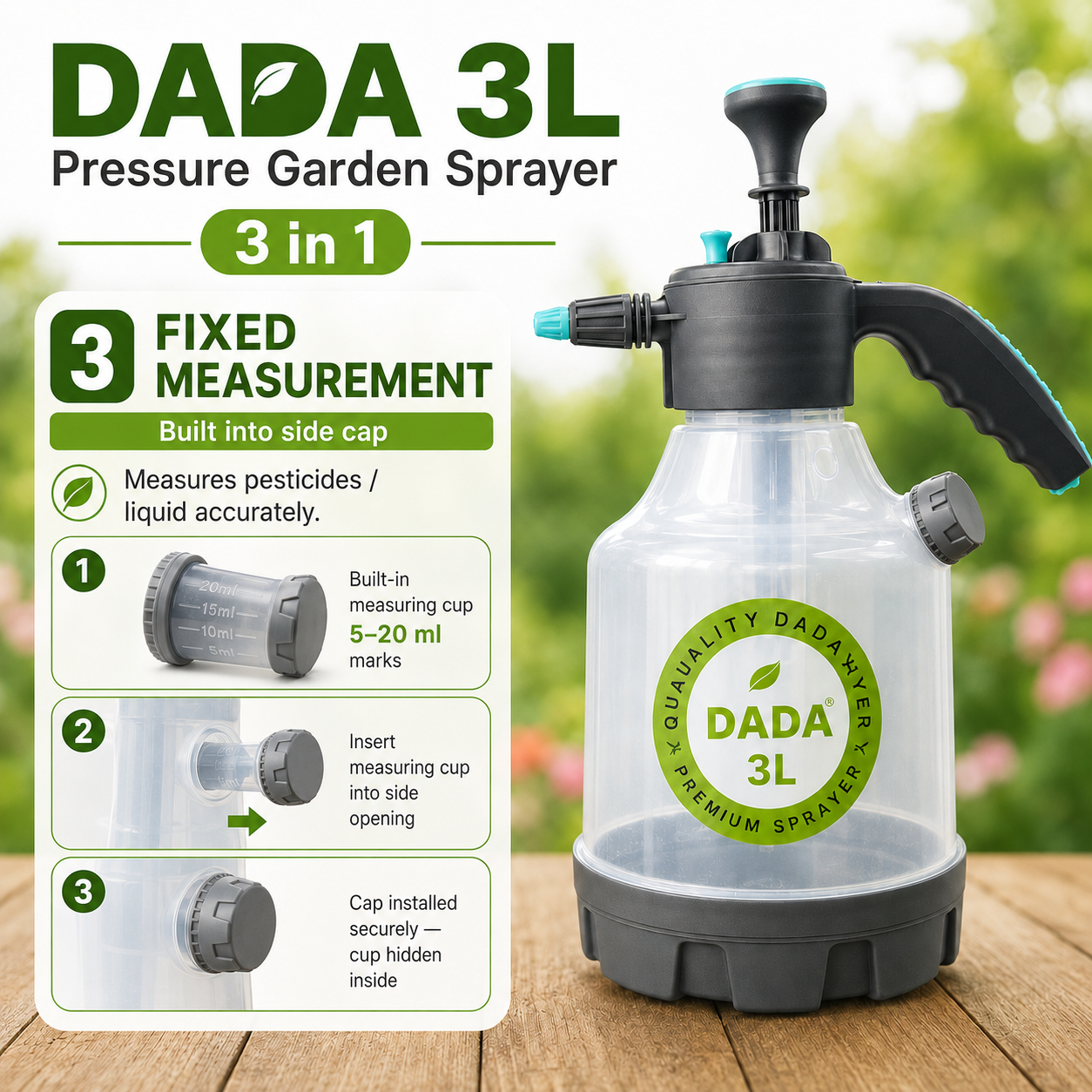 DADA 3L Pressure Garden Sprayer (3 in 1 ) with Regular and Long Lance Nozzle and Fixed Measurement Bottle.