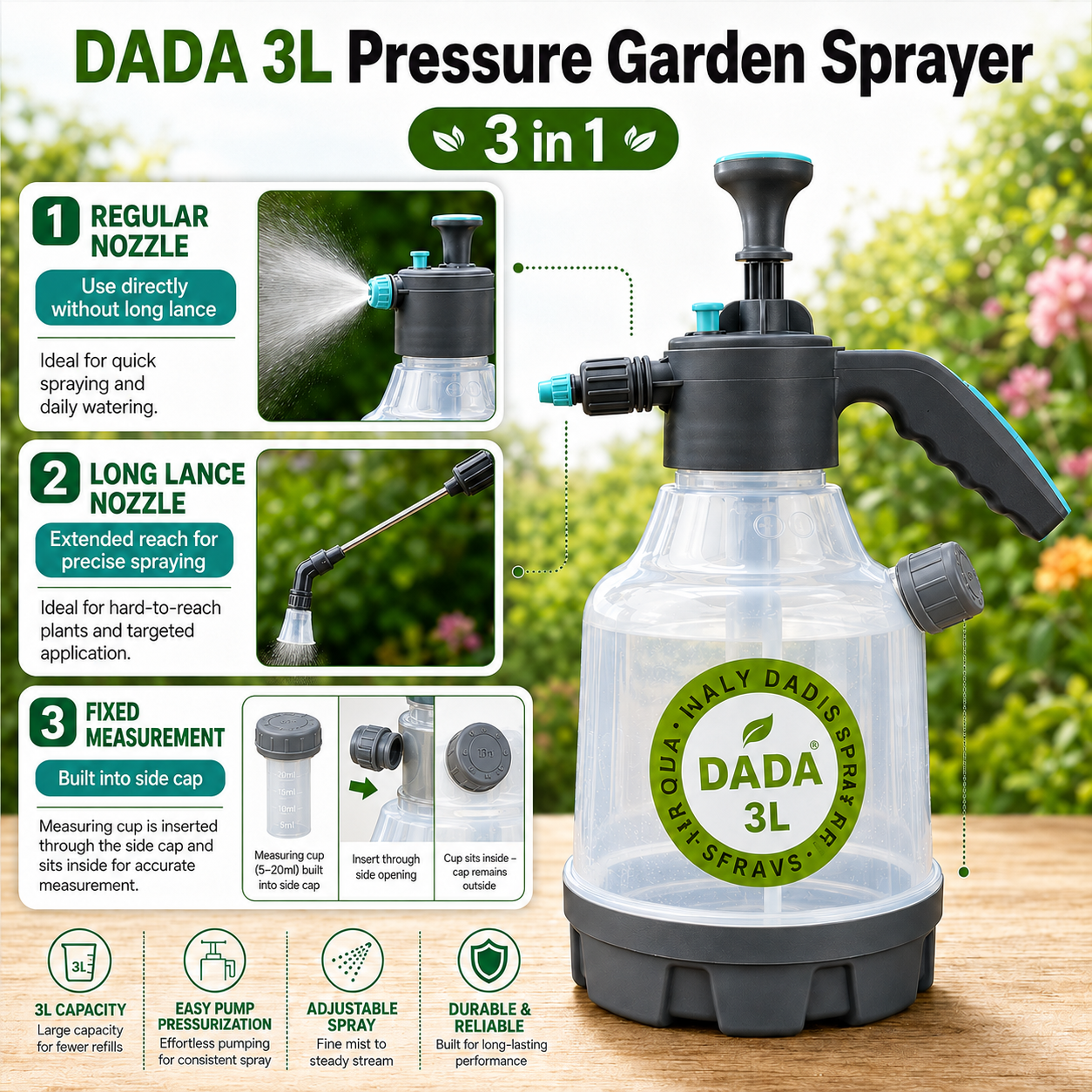 DADA 3L Pressure Garden Sprayer (3 in 1 ) with Regular and Long Lance Nozzle and Fixed Measurement Bottle.