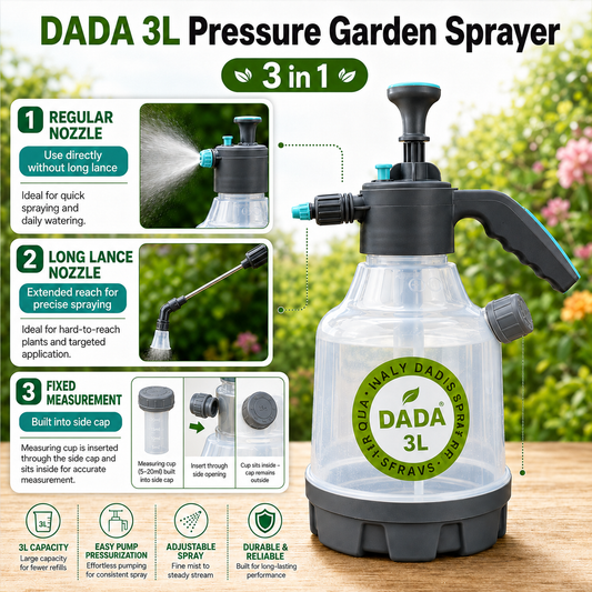 DADA 3L Pressure Garden Sprayer (3 in 1 ) with Regular and Long Lance Nozzle and Fixed Measurement Bottle.